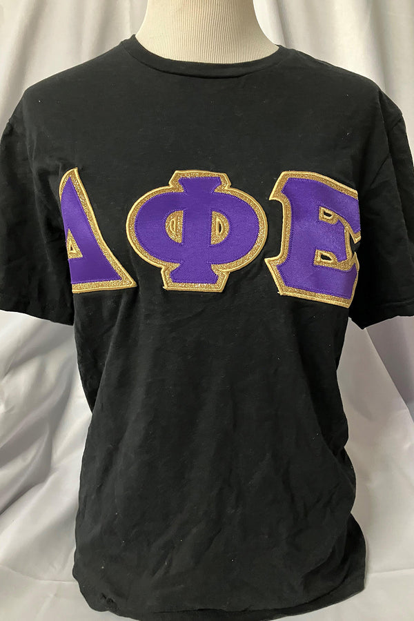 Black Tee with Purple and Gold Glitter Sewn On Letters